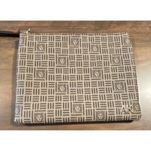 Anne Klein Brown Beige Geometric Pattern Wristlet Bag with Logo Accent